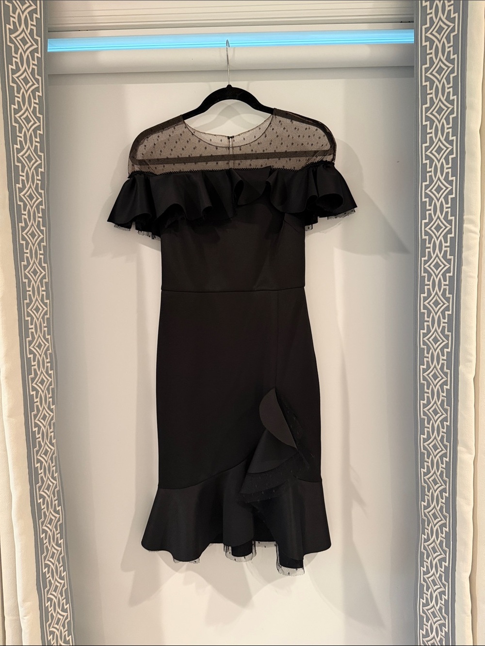 Women's Black Ruffle Midi Dress with Sheer Yoke